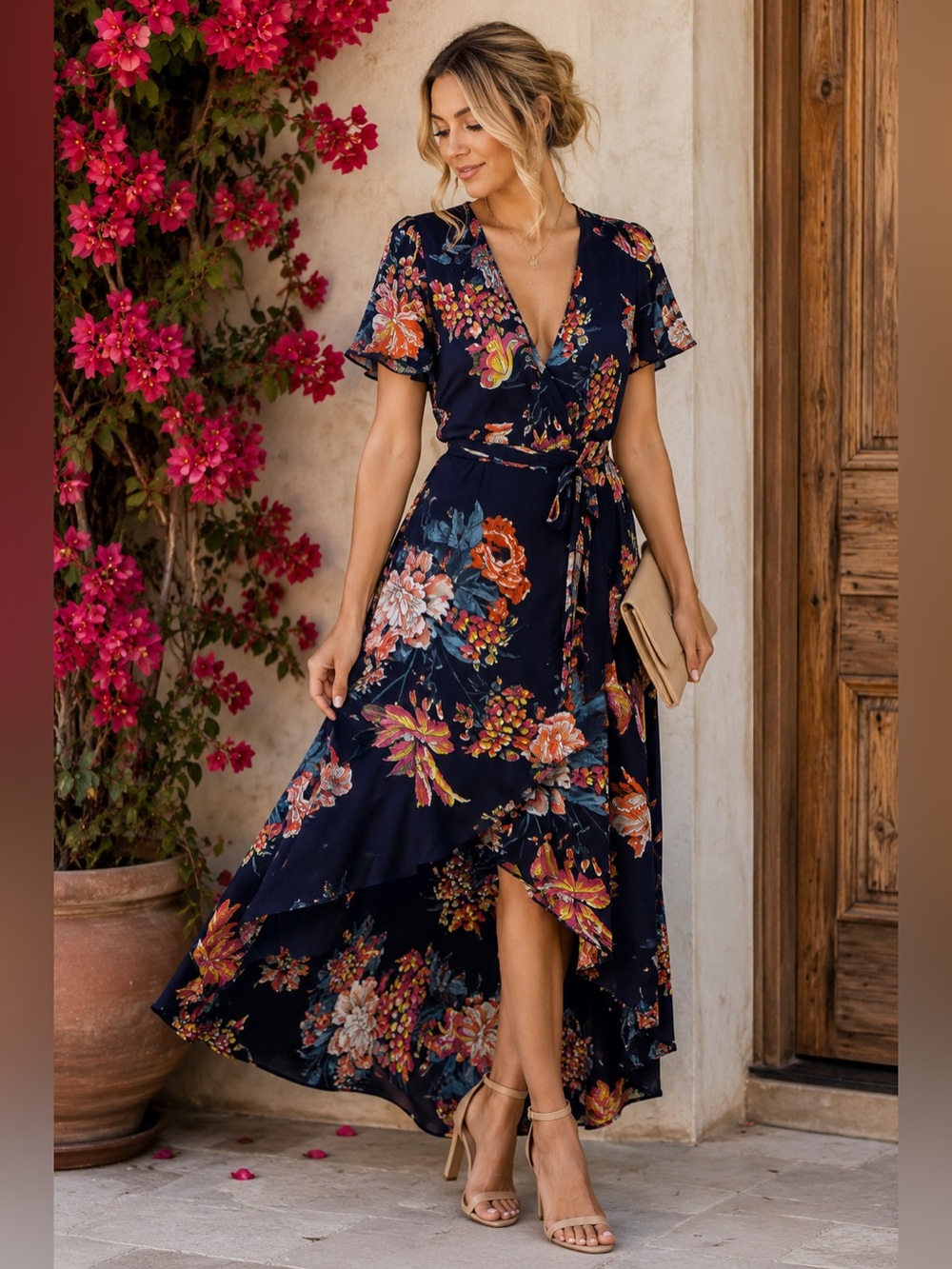 Aakaa Navy Floral High-Low Wrap Dress | Boho Fall Wedding Guest Maxi S